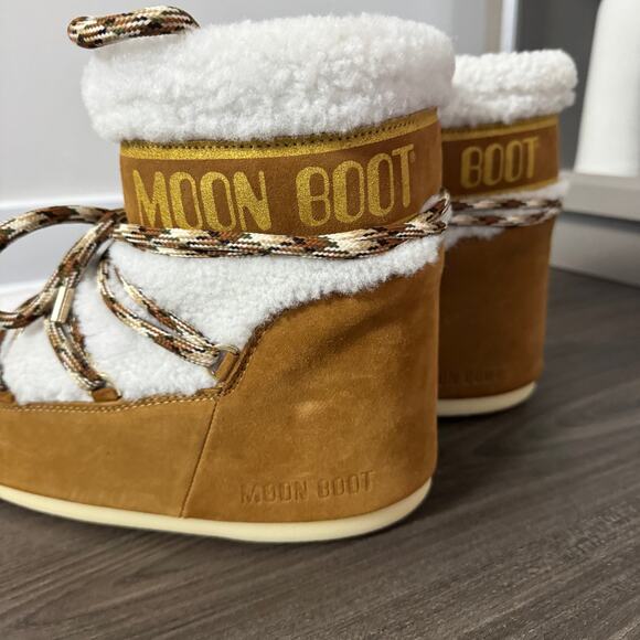 Moon Boot Icon Low Shearling Trim Wool 42/44 NEW Whiskey Brown Ivory Booties - Picture 3 of 8